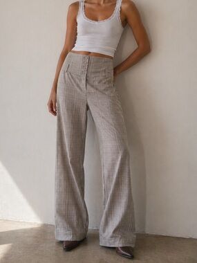 High-Rise Plaid Dress Pants in Light Gray